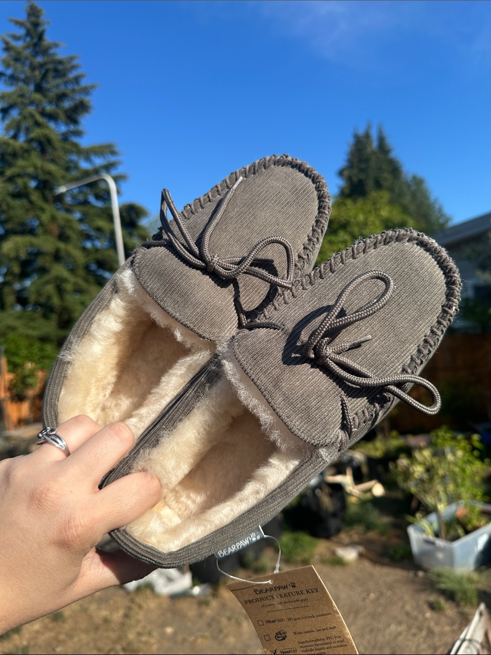 BearPaw Taupe Shearling-Lined Moccasin Slippers